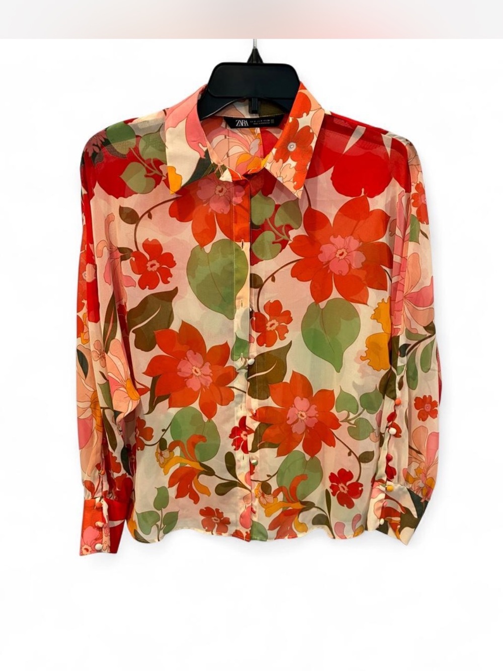 Zara Multicolor Floral Silk-Look Button Down Shirt